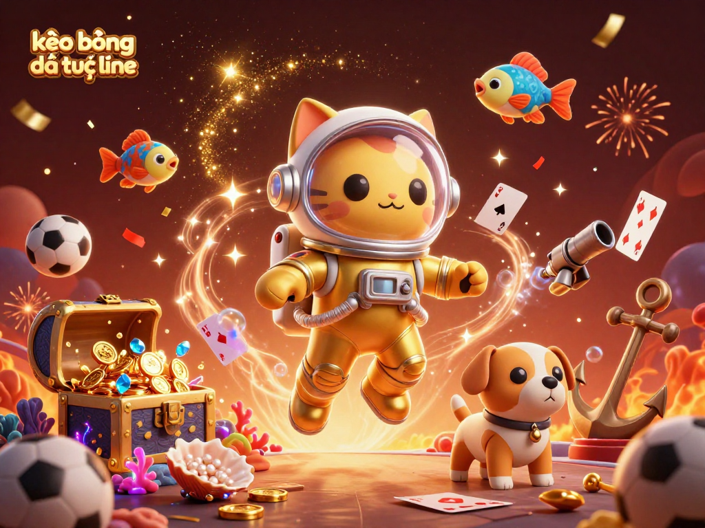 Experience kèo bóng đá trực tuyến excitement with a dynamic 3D casino scene featuring cosmic characters and treasures.