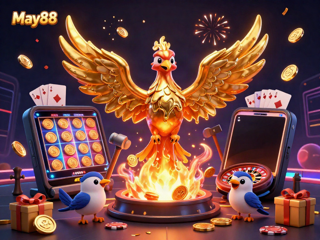 Experience the vibrant May88 casino dynamics with a molten phoenix and gaming elements in a rich 3D scene.