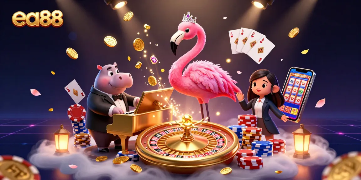 ea88 offers a vibrant casino scene with a flamingo singer, hippo bassist, and dynamic gameplay elements.