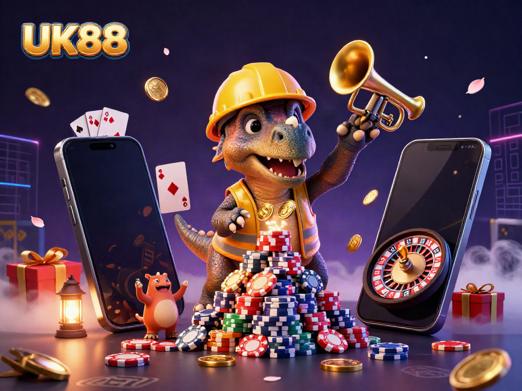 UK88 celebrates winnings with a triceratops and parasaurolophus among casino games and chips.