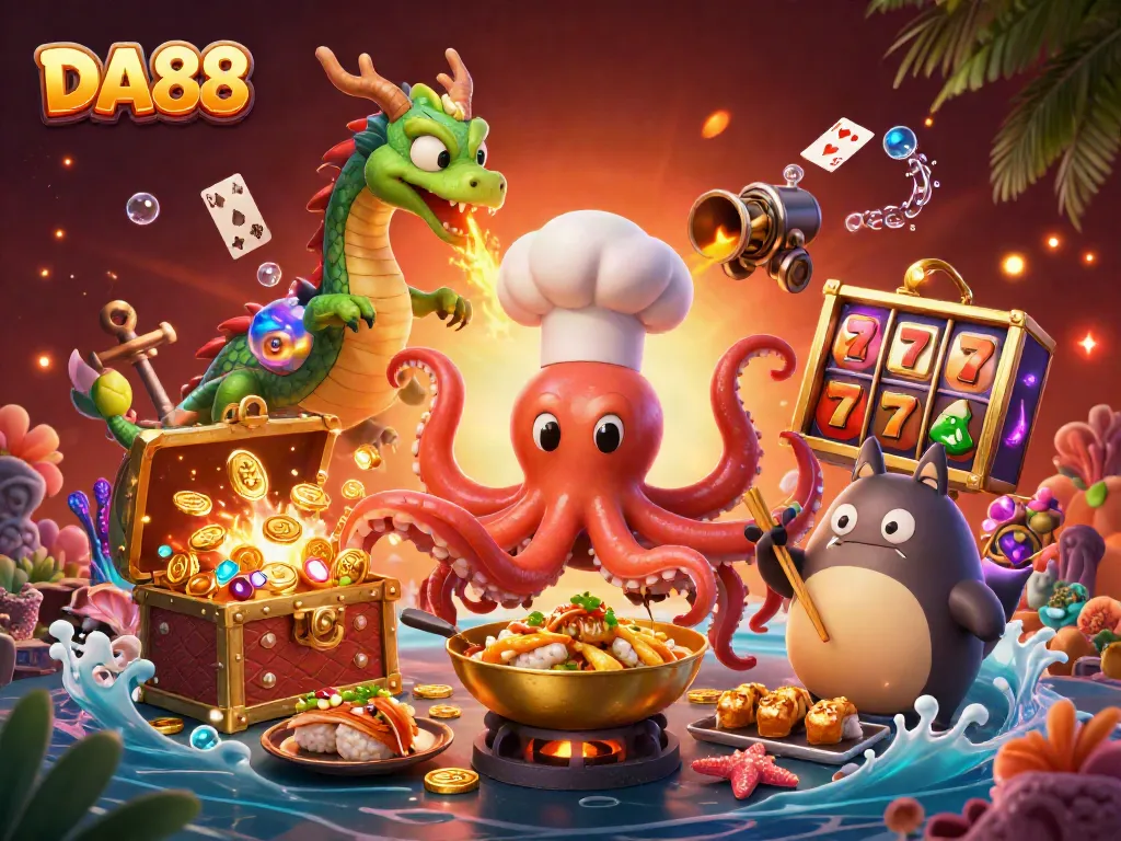 Experience DA88 slots with a sushi chef octopus and dragon in a vibrant 3D casino scene.