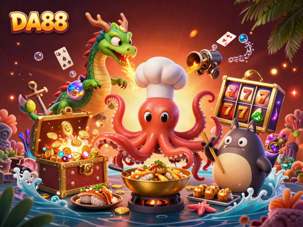 Experience DA88 slots with a sushi chef octopus and dragon in a vibrant 3D casino scene.