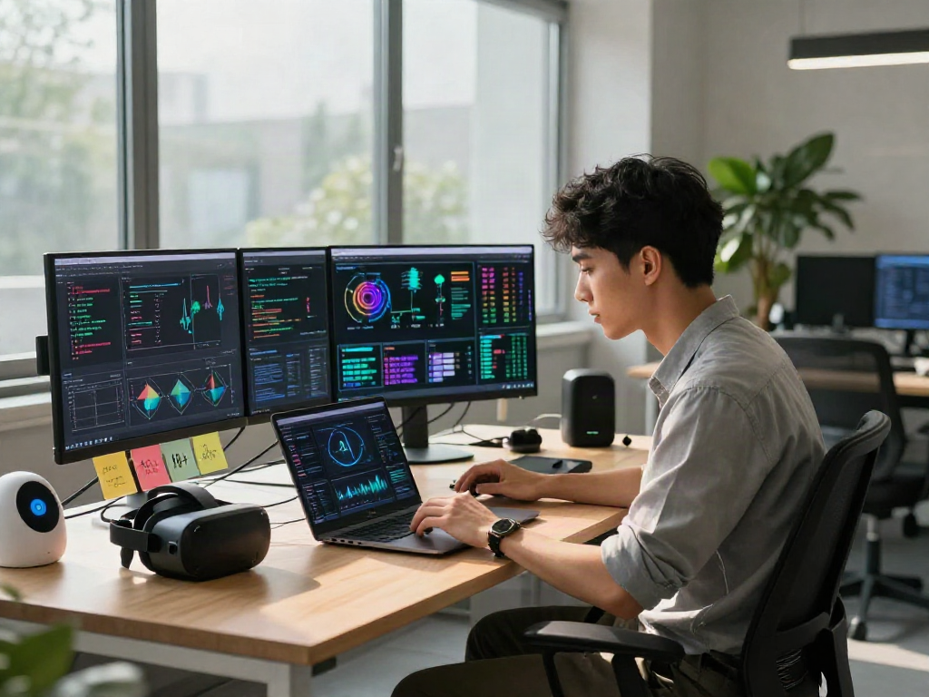 Explore innovative applications of 18+ ai in a modern workspace with data visualizations.
