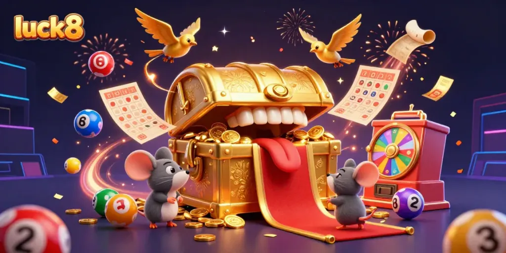 Exciting luck8 casino scene featuring treasure and dynamic lottery elements, enticing players.