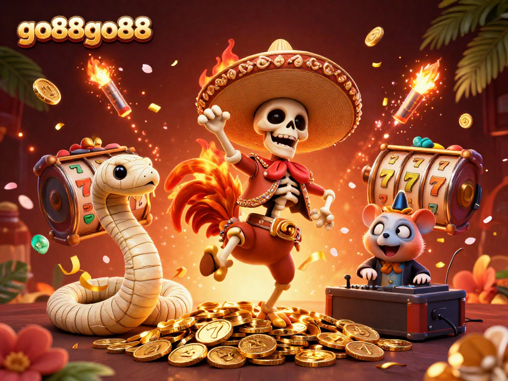 Experience the vibrant world of go88go88 with a dynamic scene featuring a winning skeleton rooster dancing on coins surrounded by slot reels.