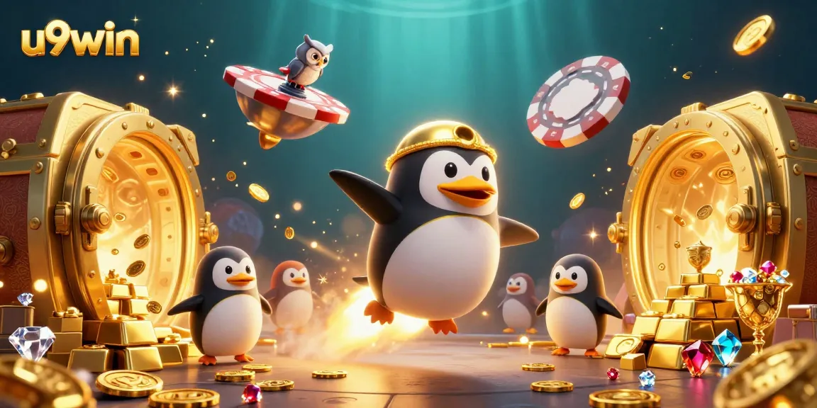 Experience the excitement of u9win with a dynamic casino scene featuring golden treasures and vibrant characters.
