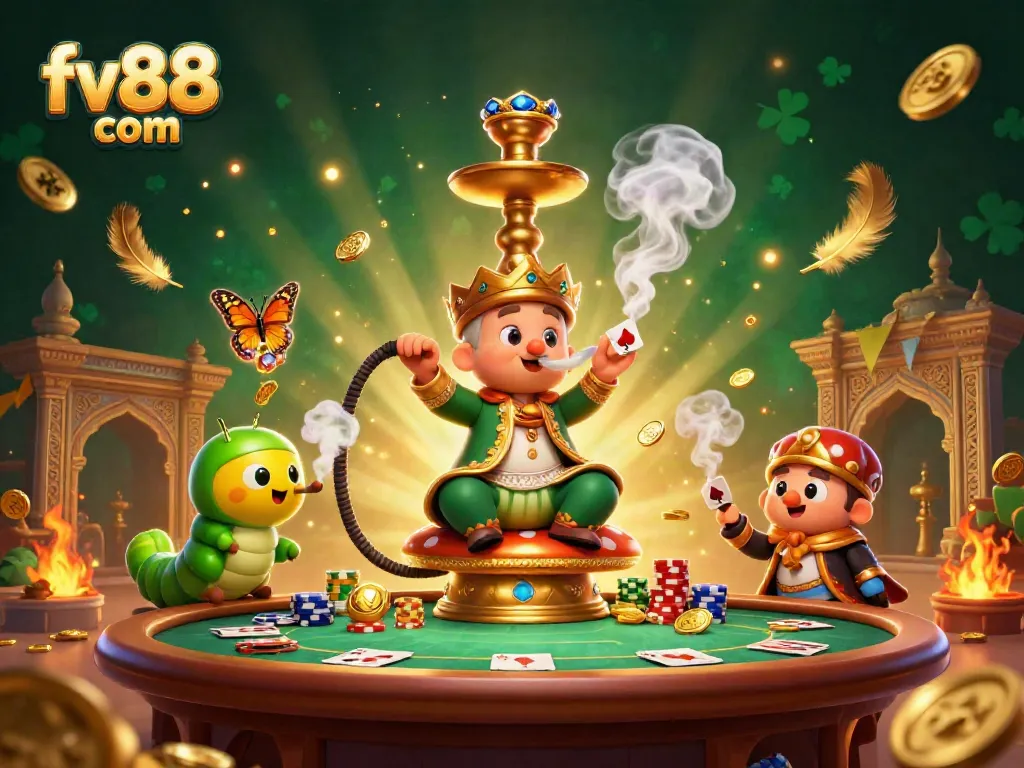 Engage in the excitement of fv88 com with a vibrant 3D casino illustration showcasing a hookah-master and poker elements.