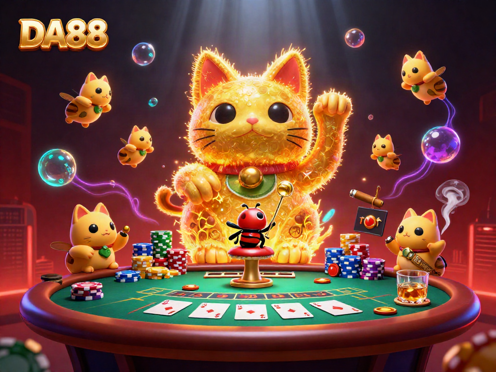 Engage in dynamic casino fun with DA88's lucky cat surrounded by poker elements and vibrant atmosphere