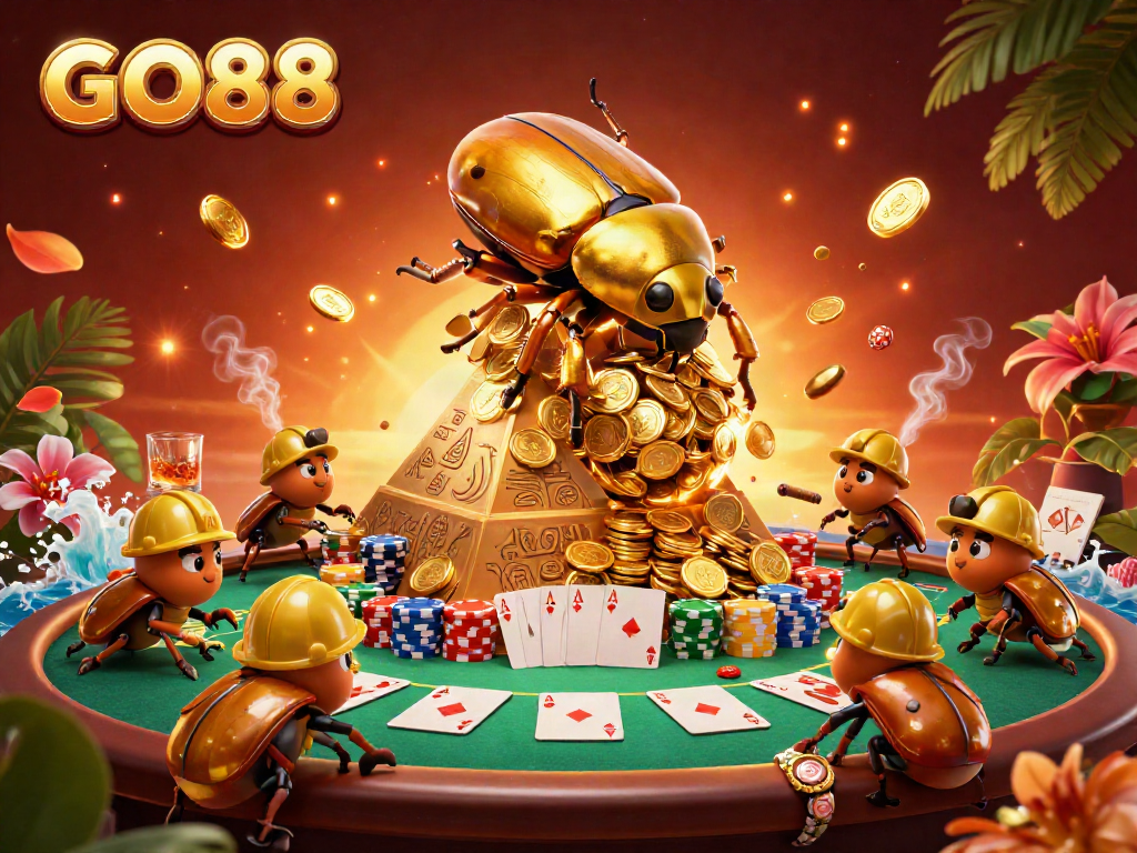 Experience the thrill of GO88’s vibrant casino world with a golden dung beetle and poker elements.