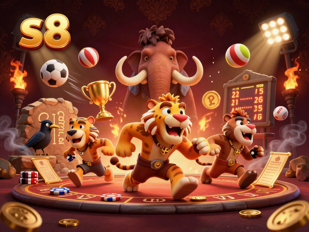 Experience thrilling s8 casino action with a 3D caveman duo and sports elements.