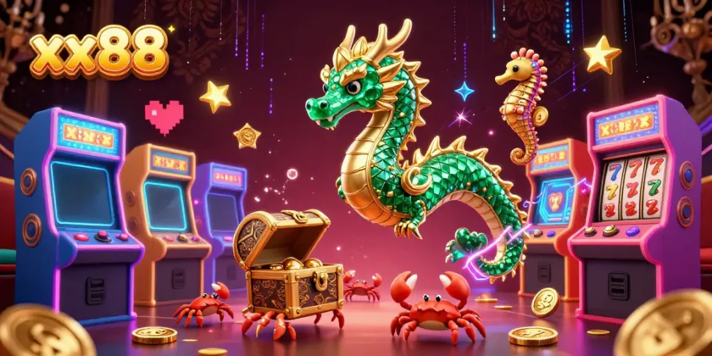 Experience exhilarating gameplay at xx88 with a vibrant underwater casino scene featuring sea dragon characters and treasure.