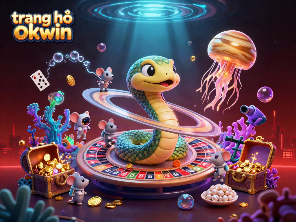 Experience the excitement of trang chủ okwin with this vibrant 3D casino-themed illustration packed with action and detail.