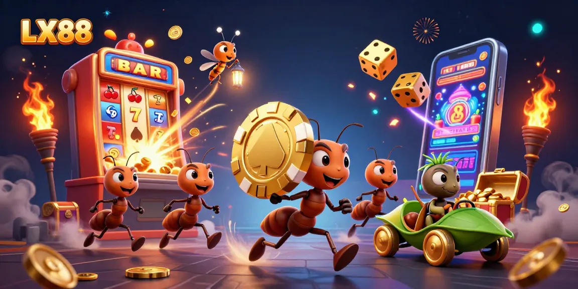 Experience the excitement of LX88 with ants pulling a massive poker chip through a vibrant casino scene.