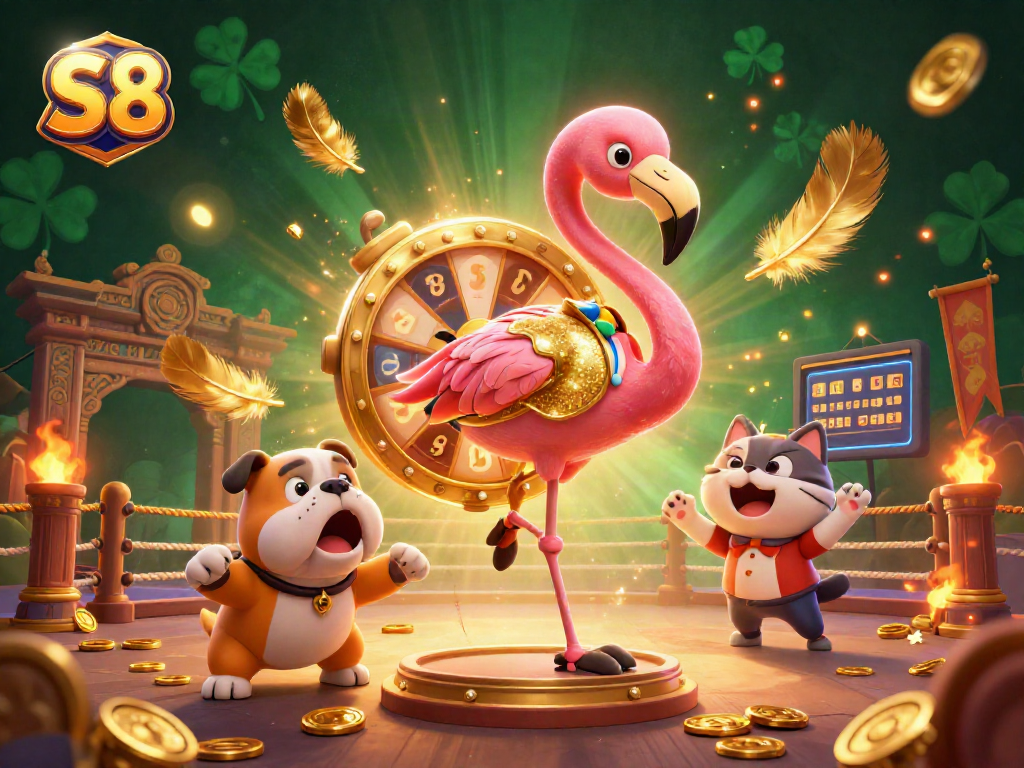S8 spins the prize wheel in an energetic casino scene with vibrant characters and dynamic elements.