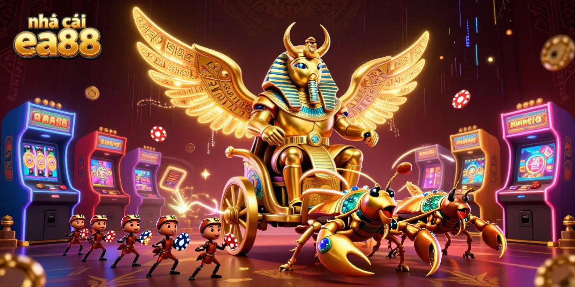 Play exciting games at nhà cái ea88 with vibrant chariot scene featuring a golden beetle and scorpions.