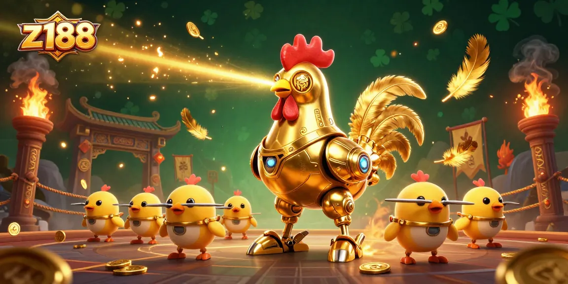 Z188 captivates players with a golden rooster robot unleashing laser beams in a vibrant casino scene.