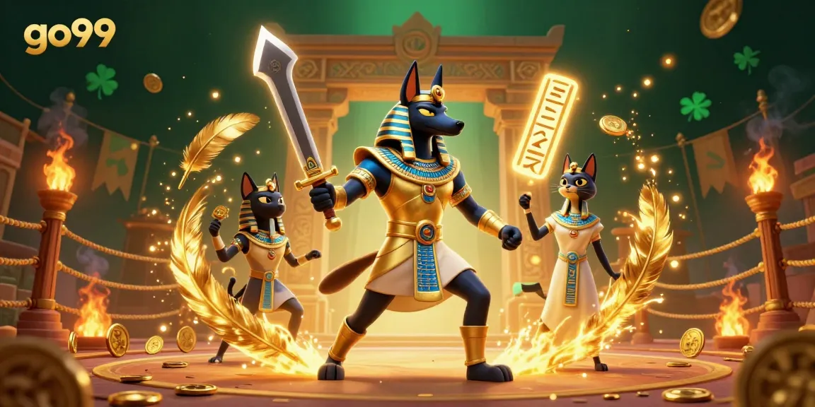 Experience the thrilling world of go99 with Anubis and Bastet amid gold coins and game tokens.