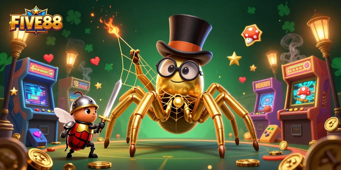 Experience the thrills at FIVE88 with a vibrant casino scene featuring dynamic characters and game elements.