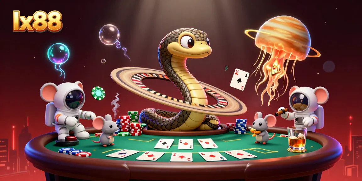 Experience thrilling bets at LX88 under the cosmic dealer with vibrant characters and casino elements.
