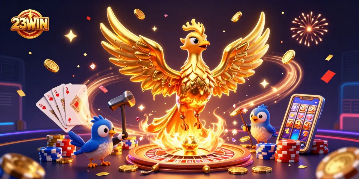 Engage with thrilling gameplay at 23WIN, featuring a phoenix of gold and vibrant casino elements.