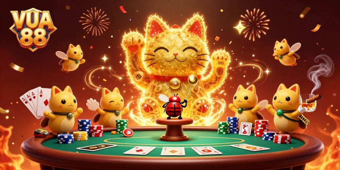 Engage with VUA 88's lively casino world through a vibrant illustration of a golden lucky cat and poker elements.