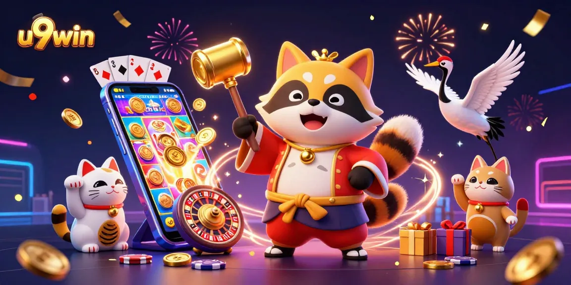 Play slots and win big with u9win in a vibrant 3D casino scene showcasing colorful elements.