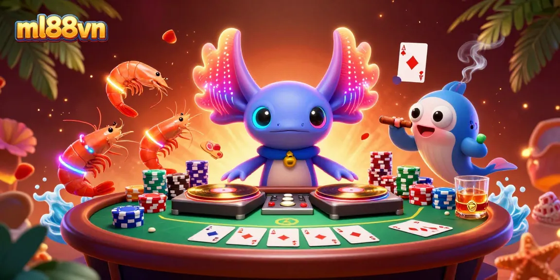Experience vibrant action at ml88vn with a lively 3D casino scene featuring characters and poker elements.