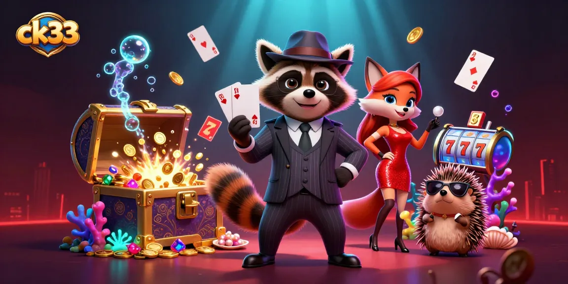 Experience the thrill of ck33 with a suave raccoon and glamorous companions celebrating a jackpot.
