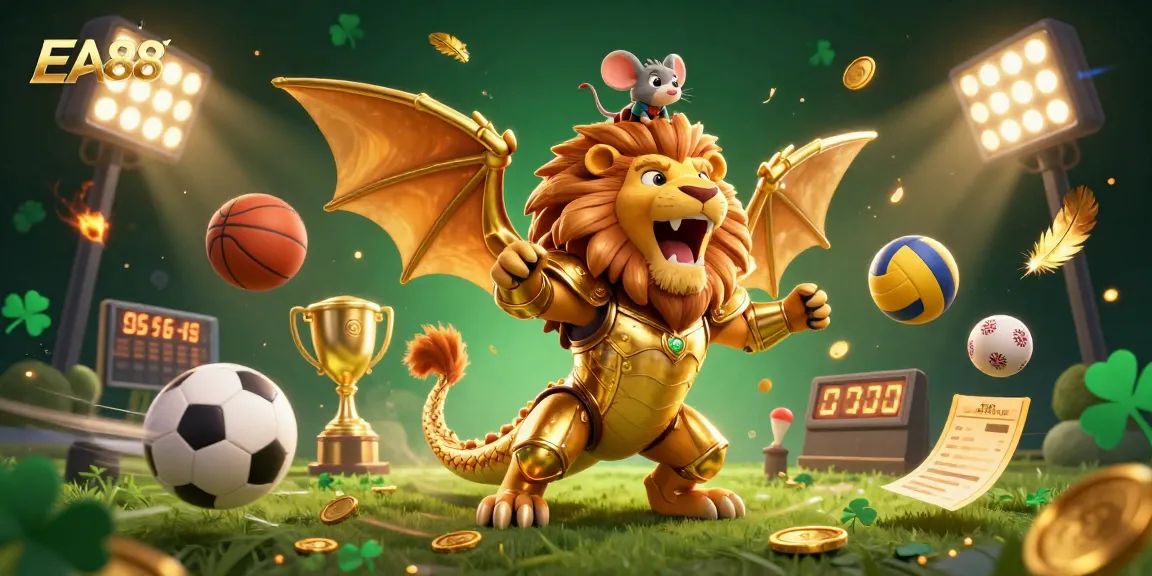 EA88 showcases thrilling sports interactions with a dynamic cartoon chimera and vibrant wagering elements.
