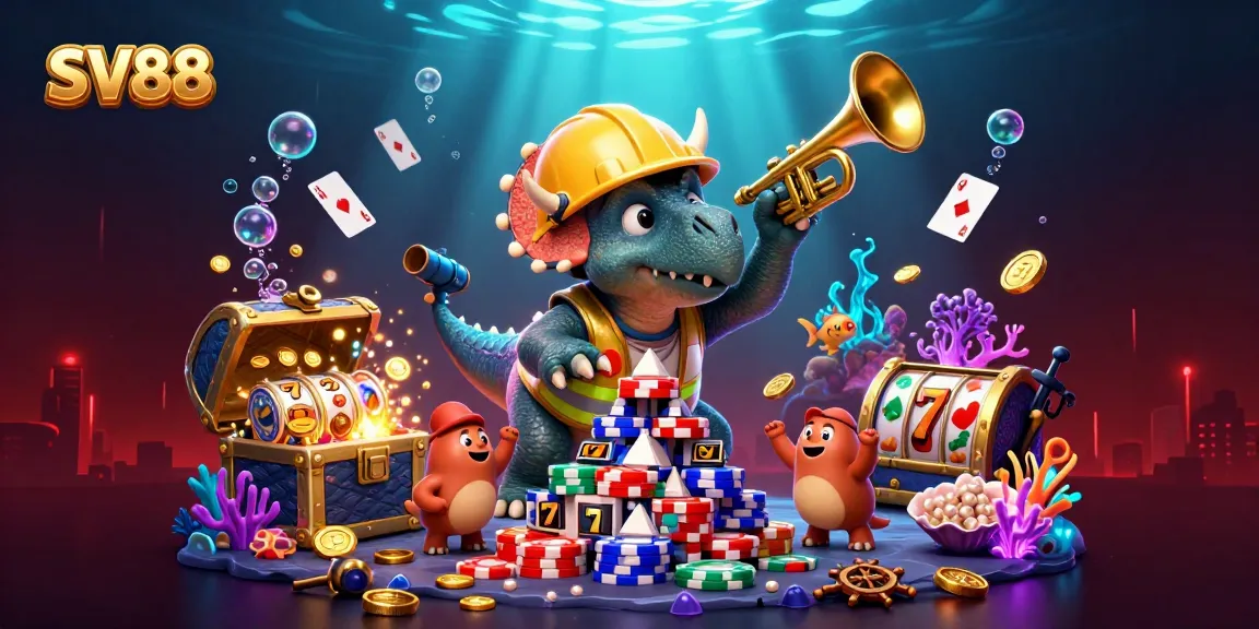 SV88's colorful casino scene with triceratops, vibrant gaming elements, and energetic celebration.