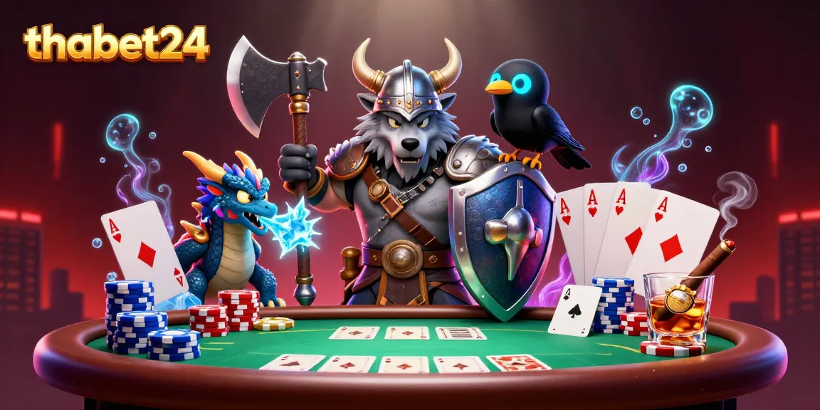 Experience thrilling poker action in this vibrant illustration showcasing thabet24's adventurous characters and dynamic game elements.