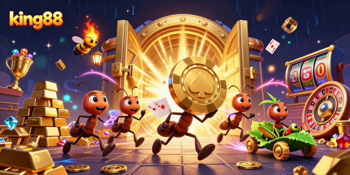 king88 ants pull off a heist with giant poker chips, surrounded by shimmering casino treasures and vibrant cards