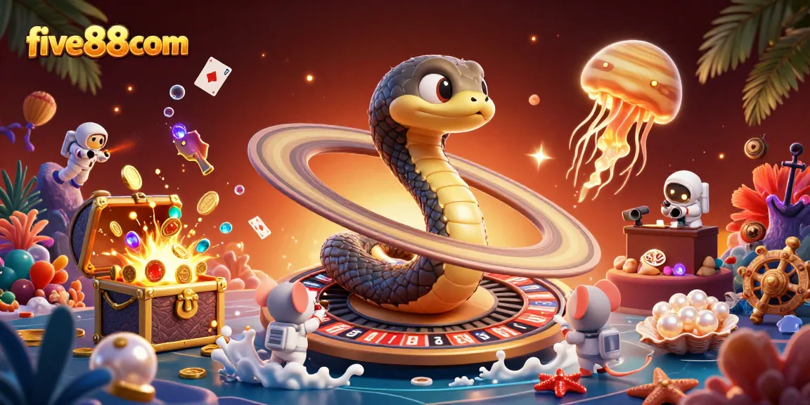 Join the action at five88com with astronaut mice betting in a vibrant cosmic casino scene featuring roulette and treasure