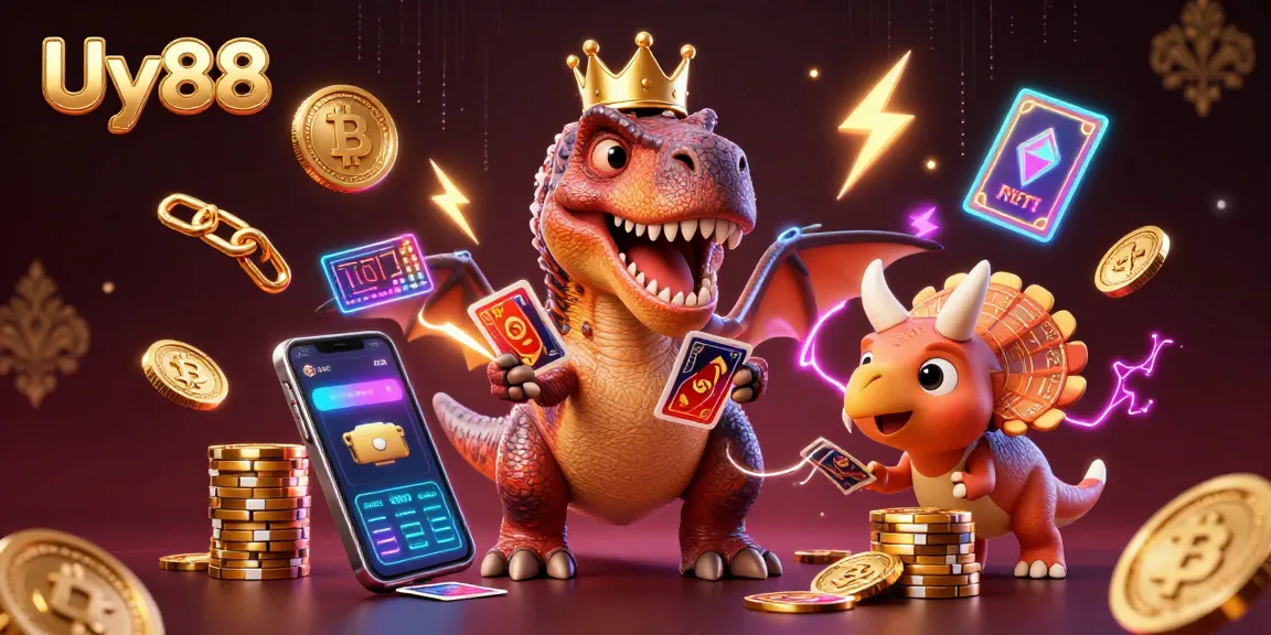 Join the excitement at Uy88 as a T-Rex shuffles cards while friendly assistants stack chips in a thrilling casino atmosphere.