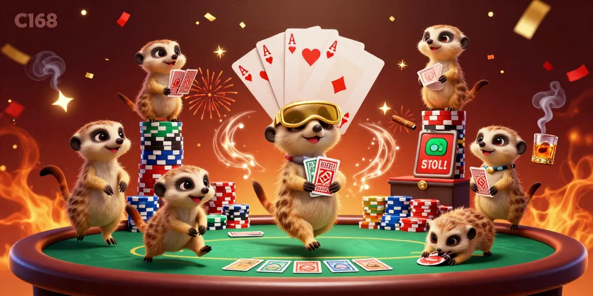 C168 meerkats managing a colorful casino with gaming elements and vibrant confetti in a festive atmosphere.