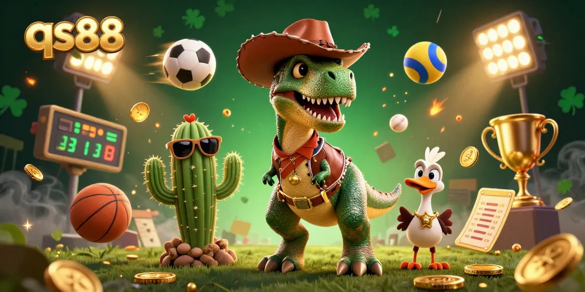 Win big with qs88 at the lively casino scene featuring a cowboy dinosaur and dynamic sports elements.