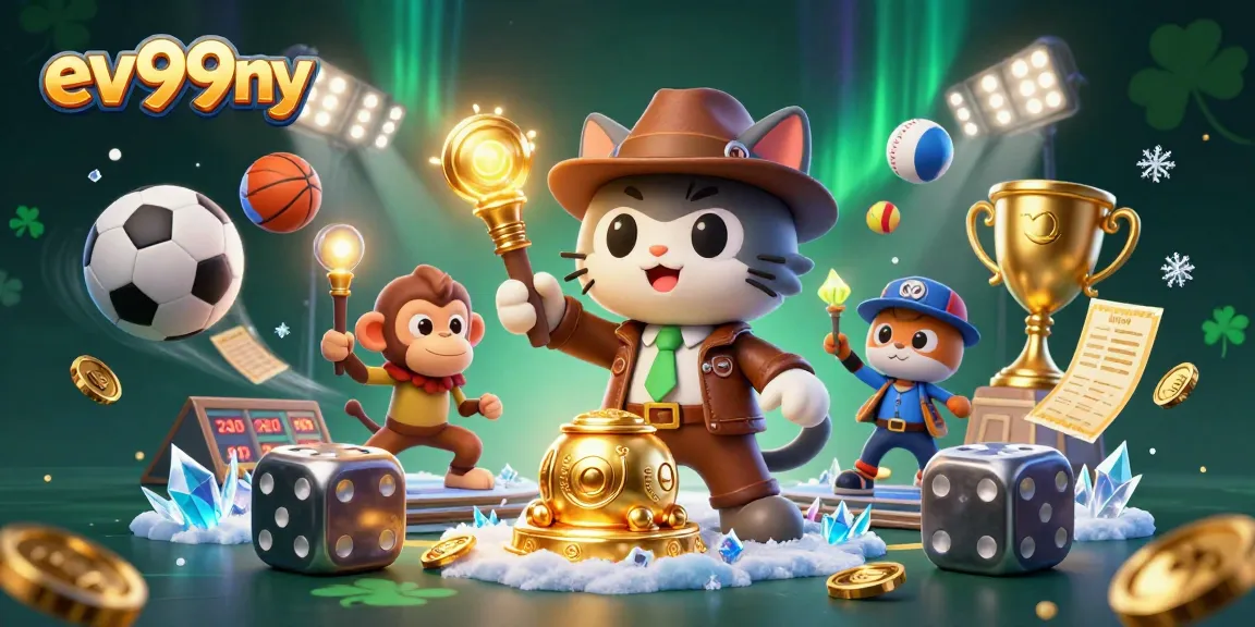 Experience thrilling gameplay at ev99ny with cartoon explorer cat and monkey discovering a golden casino artifact.