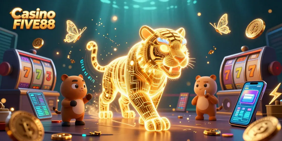 Experience the thrill of Casino FIVE88 with vibrant slots and crypto elements in a 3D digital landscape.