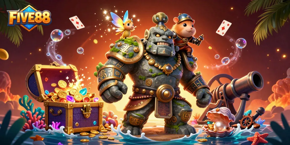 Experience the excitement of FIVE88 with a vibrant gaming scene featuring a golem, a fairy, and treasure.