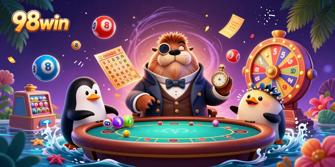 Join the fun at 98win with the jolly walrus and friends playing lively lottery games by the underwater casino.