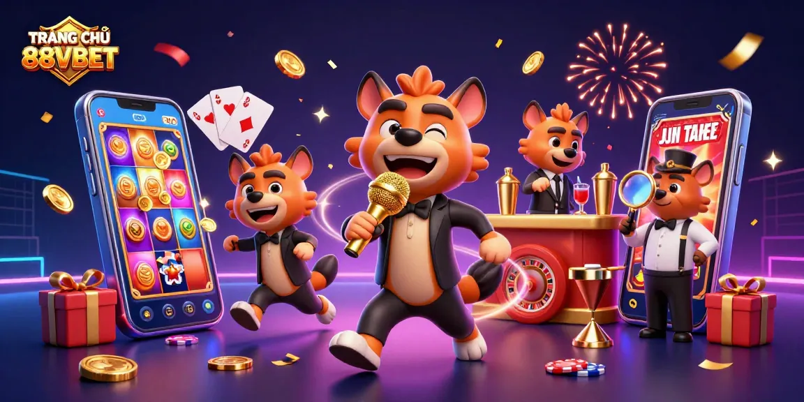 TRANG CHỦ 88VBET showcases a lively casino scene featuring hyenas in a comedy club amid vibrant gaming elements.