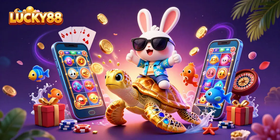 LUCKY88 enhances gaming excitement with a lucky rabbit and sea turtle in a vibrant casino scene.
