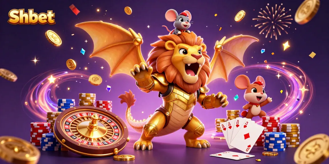 Experience thrilling wins at Shbet with a majestic chimera celebrating casino success amidst golden coins and vibrant game elements.