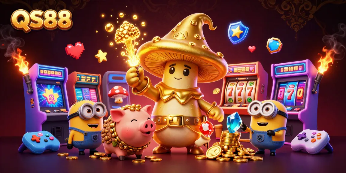 Win big with QS88's colorful casino illustration featuring golden magical elements and interactive gaming scenes.