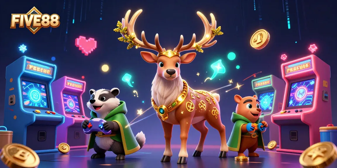 Experience the excitement of FIVE88 with a vibrant casino scene featuring unique characters and classic gaming elements.