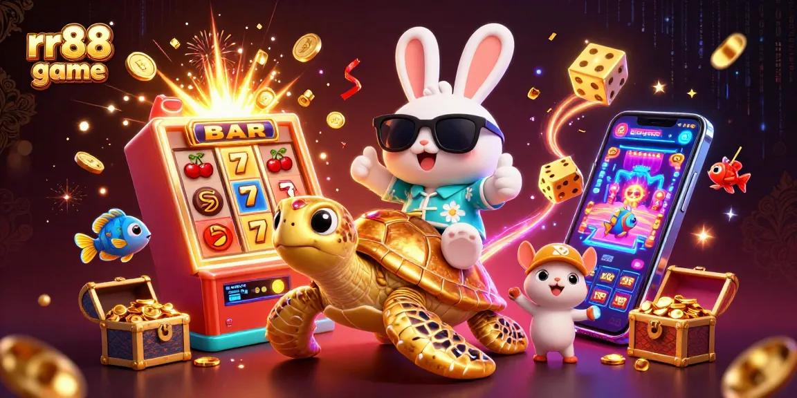 Join the thrilling action at rr88 game with the lucky rabbit and golden turtle in a vibrant casino scene.