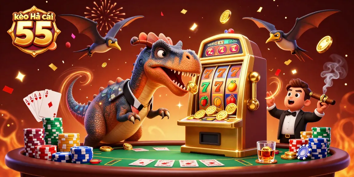 Experience the excitement at kèo nhà cái 55 as a pachycephalosaurus hits a jackpot, raining coins!