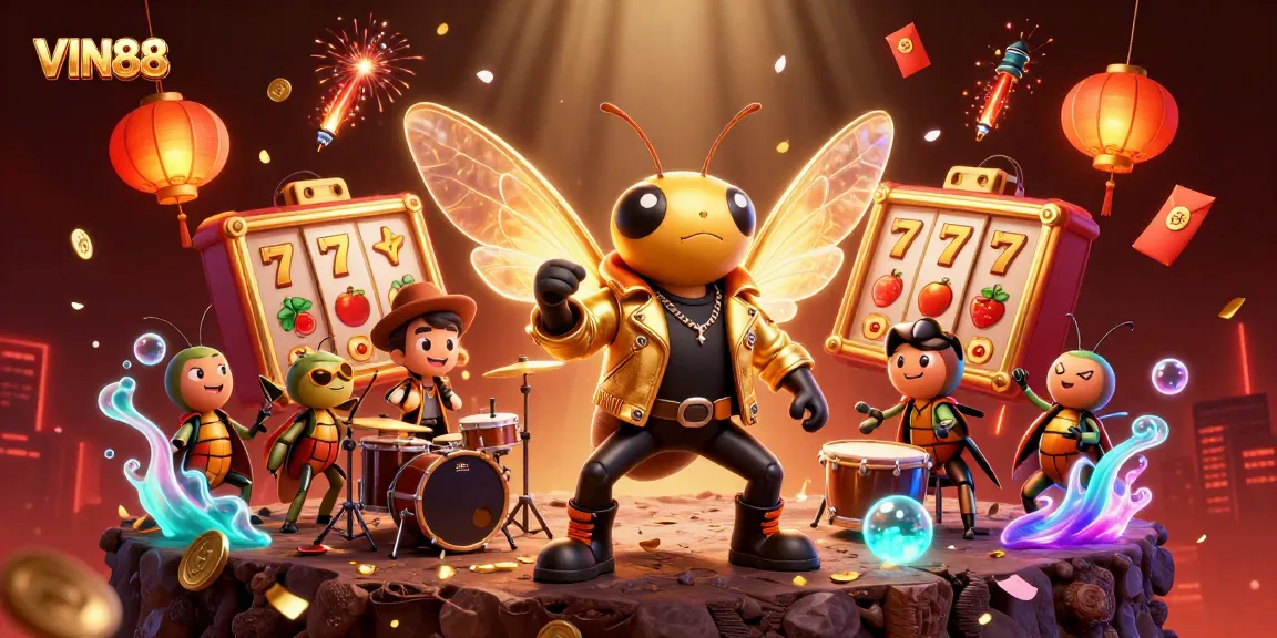 Win big with VIN88's exciting 3D cartoon scene showcasing vibrant casino elements and characters.