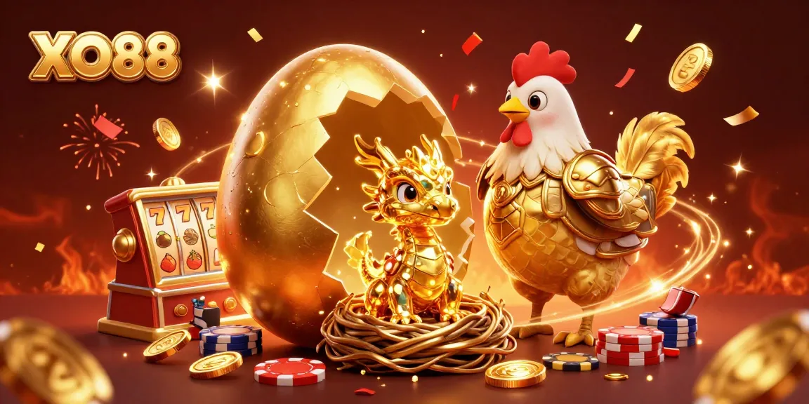 Experience thrilling gaming at XO88 with a vibrant scene of a golden dragon amidst slot elements.