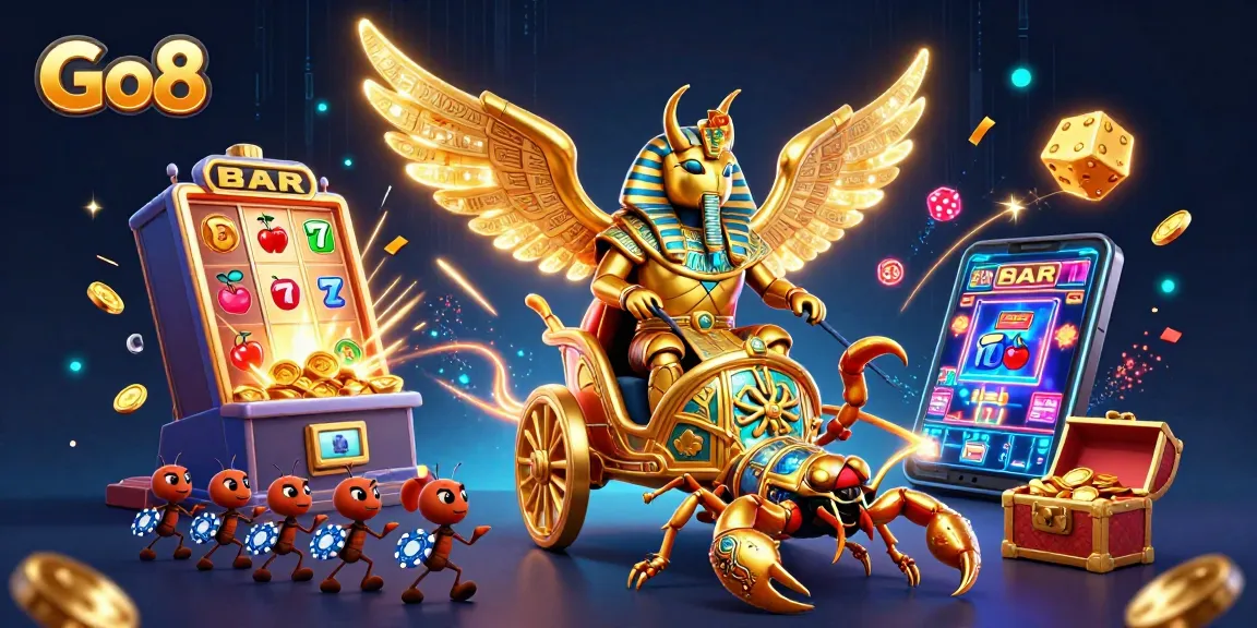 Engage with Go8's exciting casino experience, featuring the golden scarab beetle and jackpot celebration.